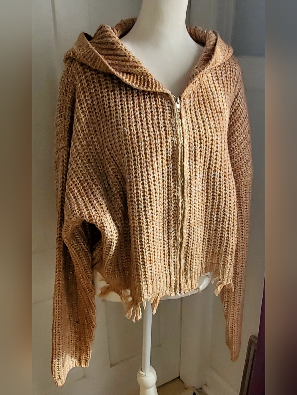 Mystree Chunky Distressed Zip Hoodie Jacket in Latte Tan